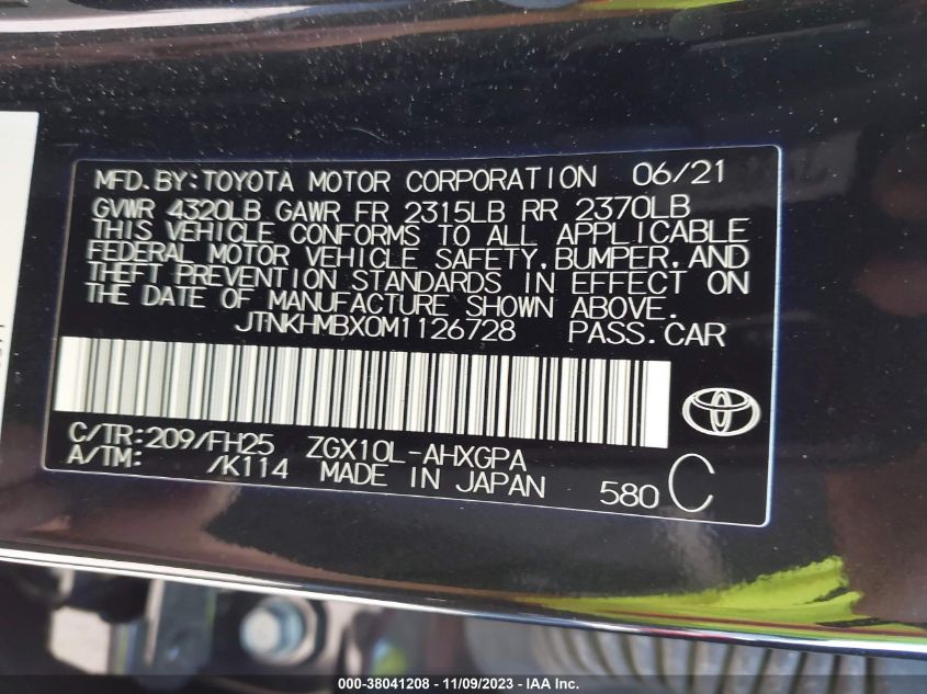 2021 TOYOTA C-HR XLE/LE/NIGHT SHADE/LIMITE - JTNKHMBX0M1126728