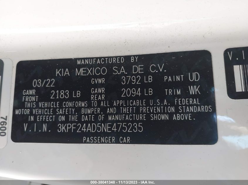 2022 KIA FORTE FE/LXS - 3KPF24AD5NE475235