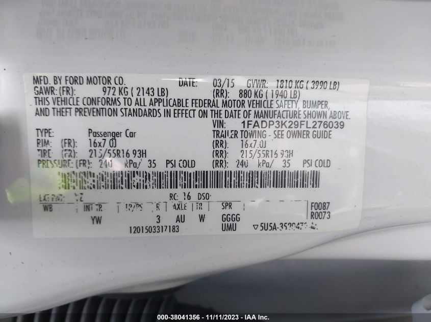 2015 FORD FOCUS SE - 1FADP3K29FL276039