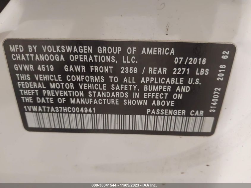 2017 VOLKSWAGEN PASSAT 1.8T S - 1VWAT7A37HC004941