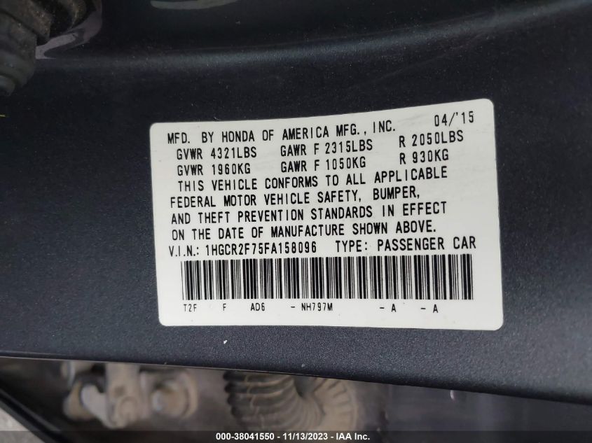 2015 HONDA ACCORD SEDAN EX 1HGCR2F75FA158096