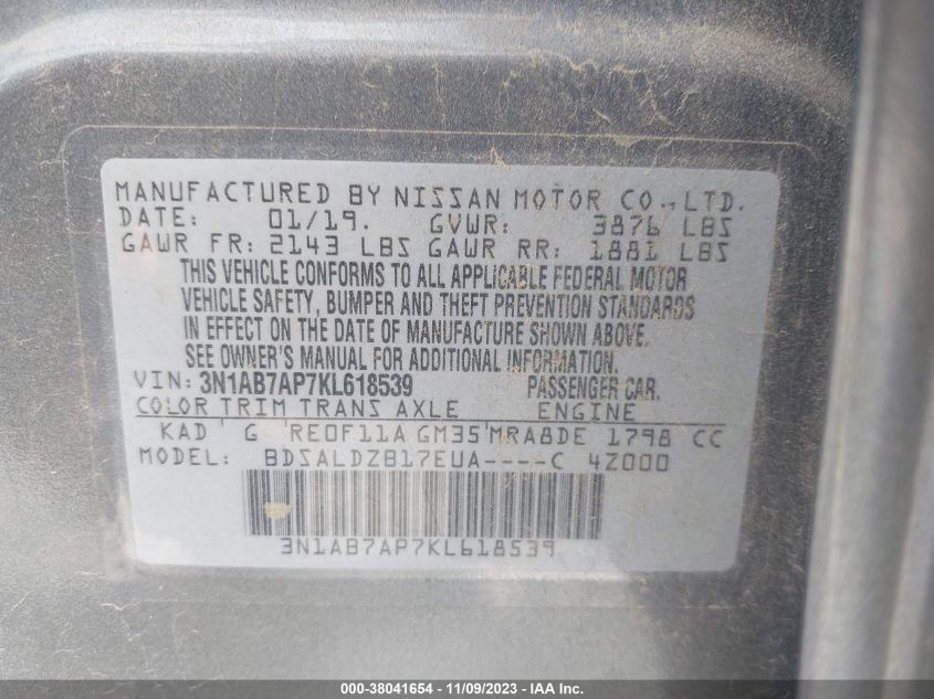 2019 NISSAN SENTRA S/SV/SR/SL - 3N1AB7AP7KL618539