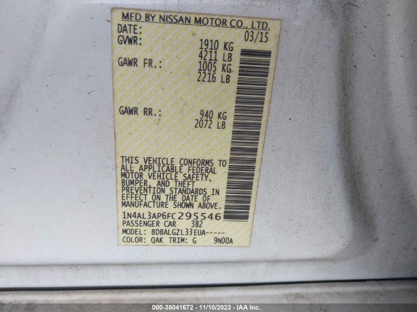 2015 NISSAN ALTIMA 2.5/2.5 S/2.5 SL/2.5 SV - 1N4AL3AP6FC295546