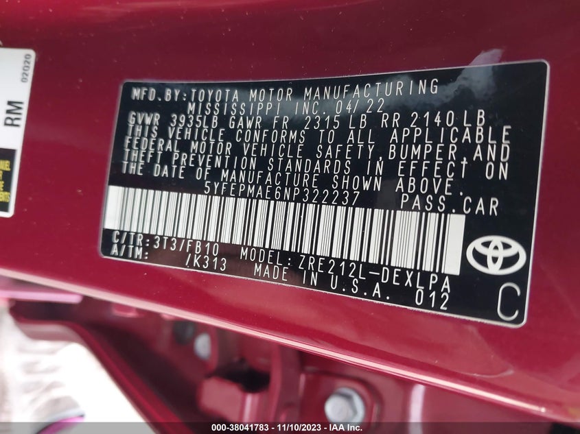 VIN 5YFEPMAE6NP322237 2022 TOYOTA COROLLA LE