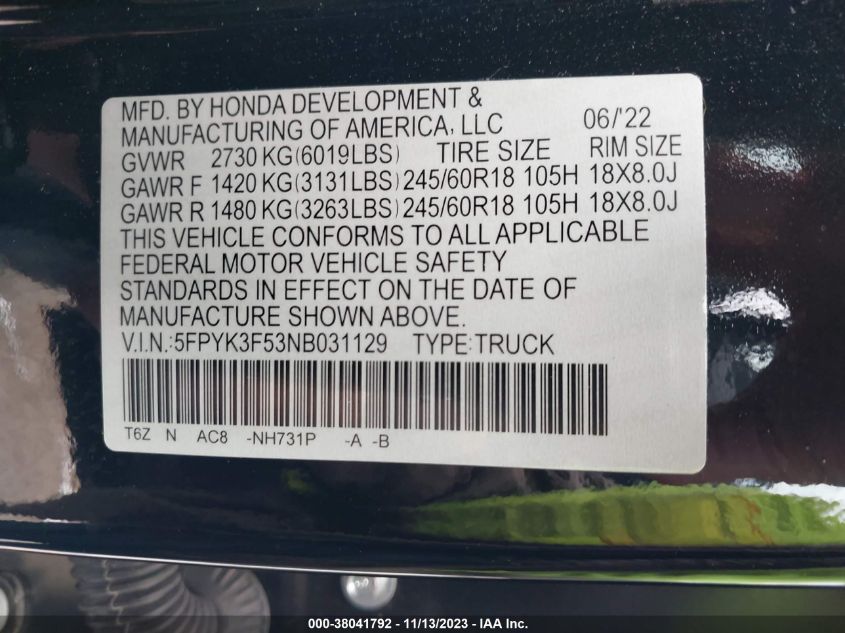 2022 HONDA RIDGELINE RTL - 5FPYK3F53NB031129