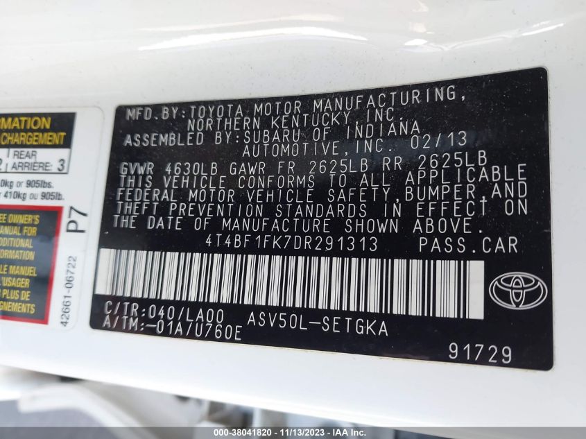 2013 TOYOTA CAMRY XLE - 4T4BF1FK7DR291313