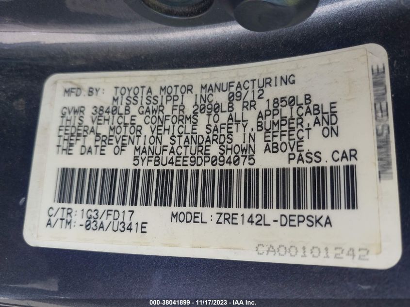 2013 TOYOTA COROLLA S - 5YFBU4EE9DP094075