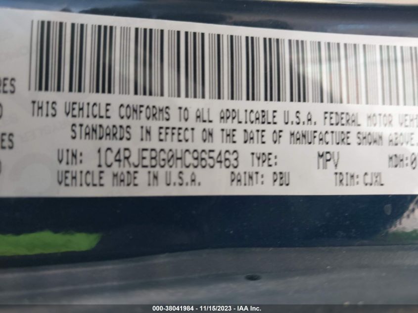 VIN 1C4RJEBG0HC965463 2017 JEEP GRAND CHEROKEE LIMITED