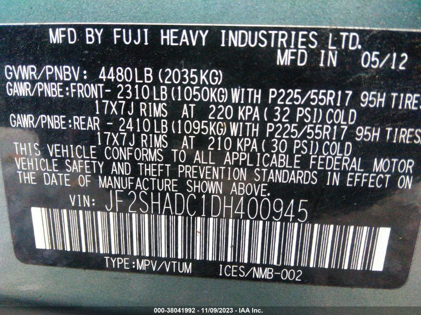 2013 SUBARU FORESTER 2.5X PREMIUM - JF2SHADC1DH400945
