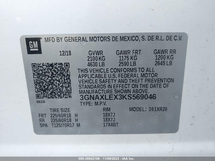VIN 3GNAXLEX3KS569046 2019 CHEVROLET EQUINOX LT