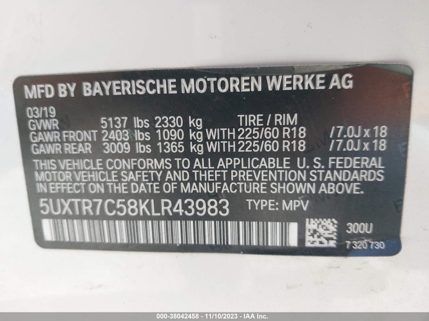 VIN 5UXTR7C58KLR43983 2019 BMW X3 SDRIVE30I