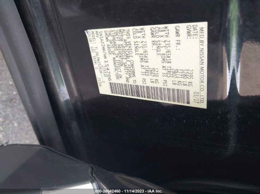 2017 NISSAN MURANO S/SL/SV/PLATINUM - 5N1AZ2MH7HN154706