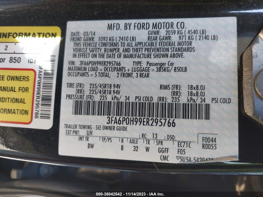 2014 FORD FUSION SE - 3FA6P0H99ER295766