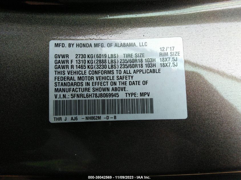2018 HONDA ODYSSEY EXL - 5FNRL6H78JB069945