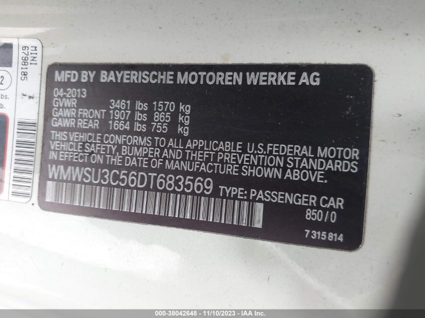 2013 MINI COOPER HARDTOP - WMWSU3C56DT683569