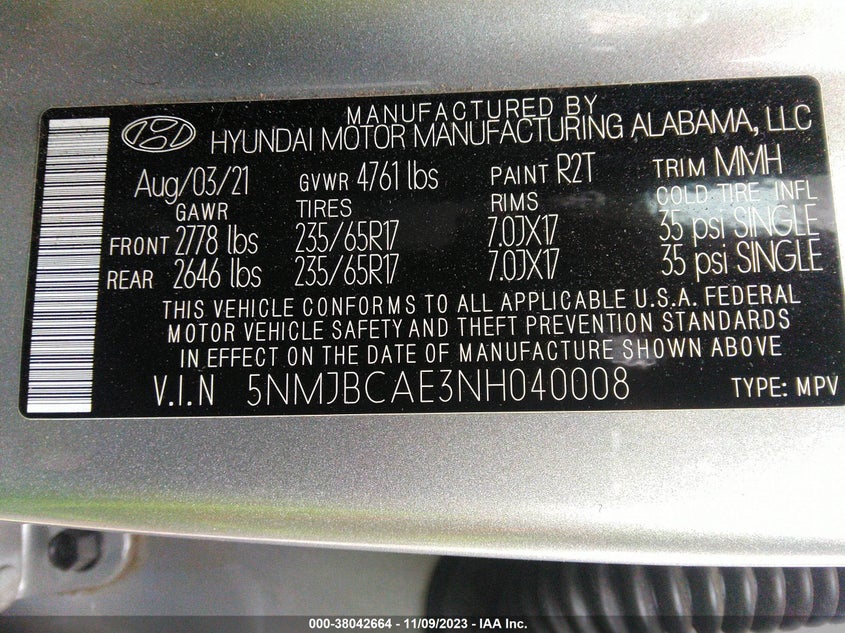 VIN 5NMJBCAE3NH040008 2022 HYUNDAI TUCSON SEL