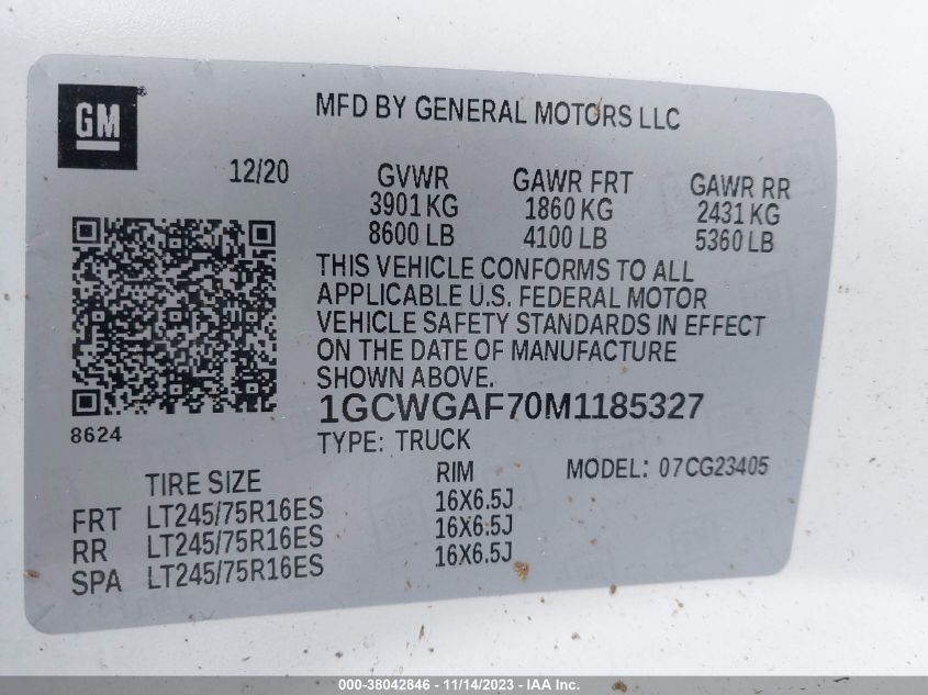 2021 CHEVROLET EXPRESS CARGO RWD 2500 REGULAR - 1GCWGAF70M1185327