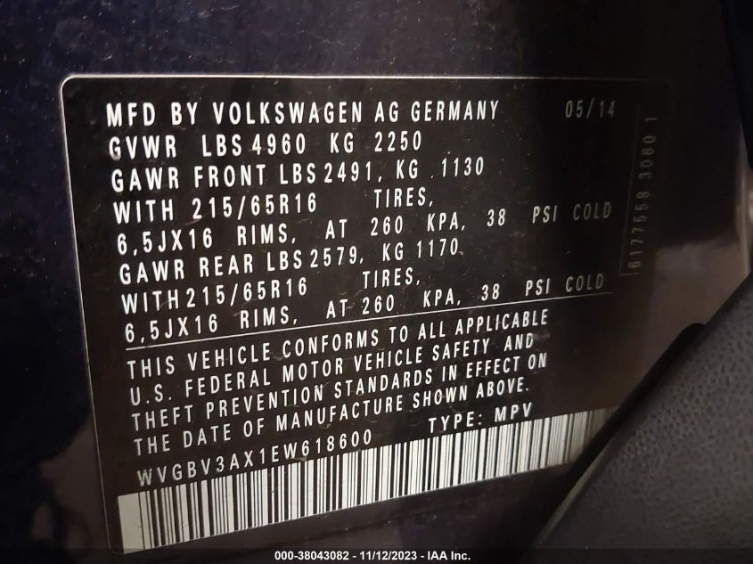 2014 VOLKSWAGEN TIGUAN S - WVGBV3AX1EW618600