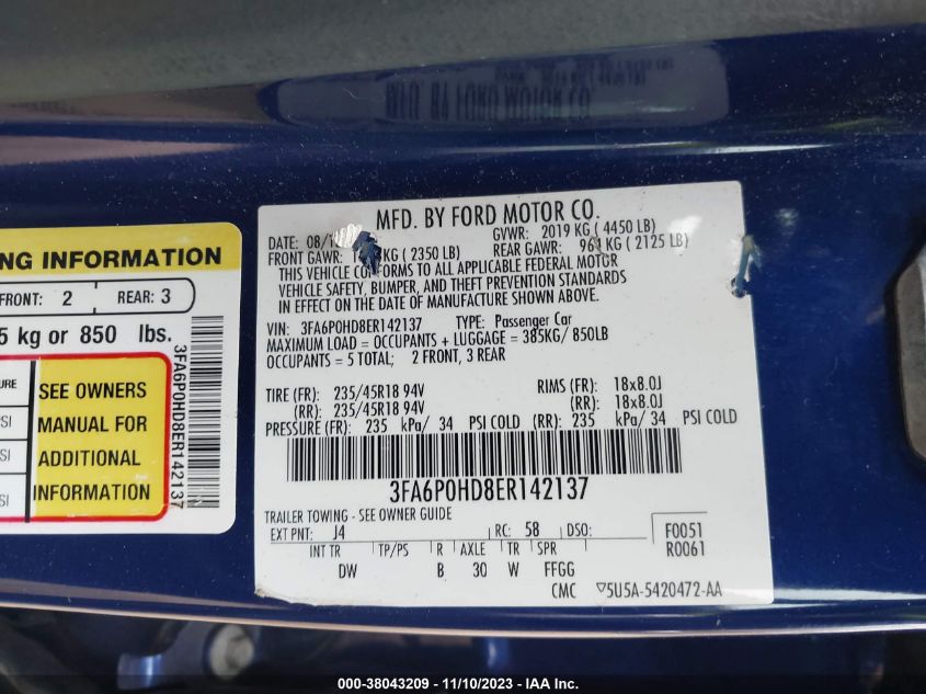 2014 FORD FUSION SE - 3FA6P0HD8ER142137