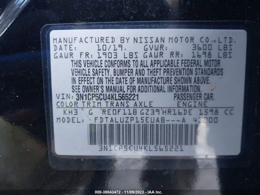 VIN 3N1CP5CU4KL565221 2019 NISSAN KICKS S/SR/SV