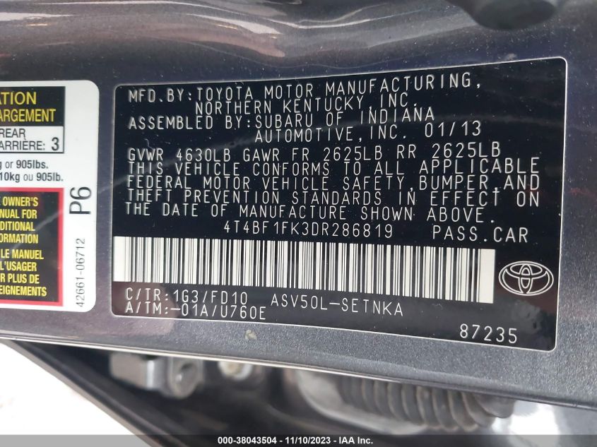 2013 TOYOTA CAMRY L/SE/LE/XLE - 4T4BF1FK3DR286819
