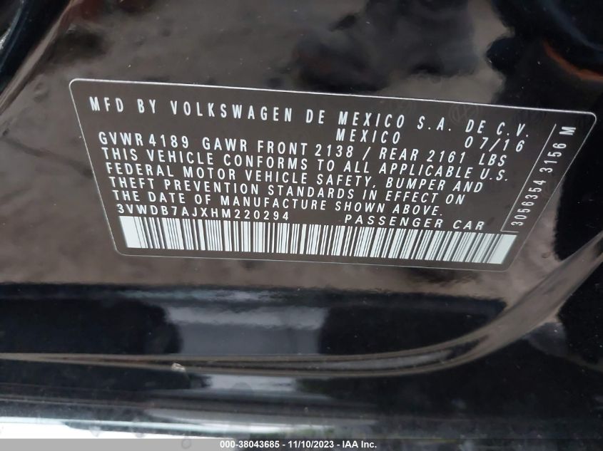2017 VOLKSWAGEN JETTA SE - 3VWDB7AJXHM220294
