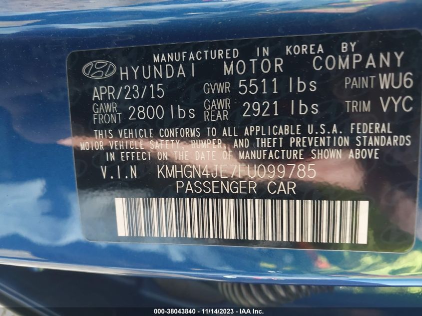 2015 HYUNDAI GENESIS 3.8L - KMHGN4JE7FU099785