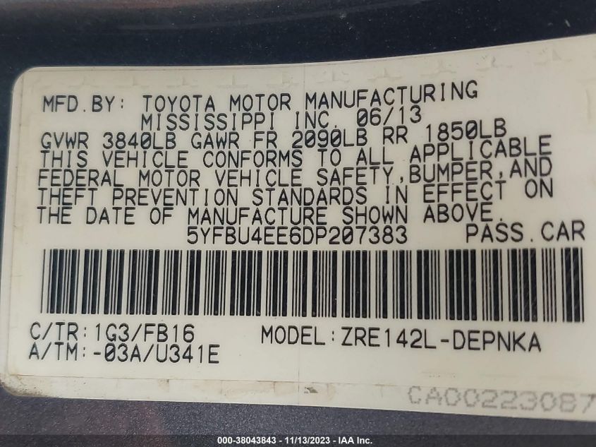 2013 TOYOTA COROLLA L/LE/S - 5YFBU4EE6DP207383