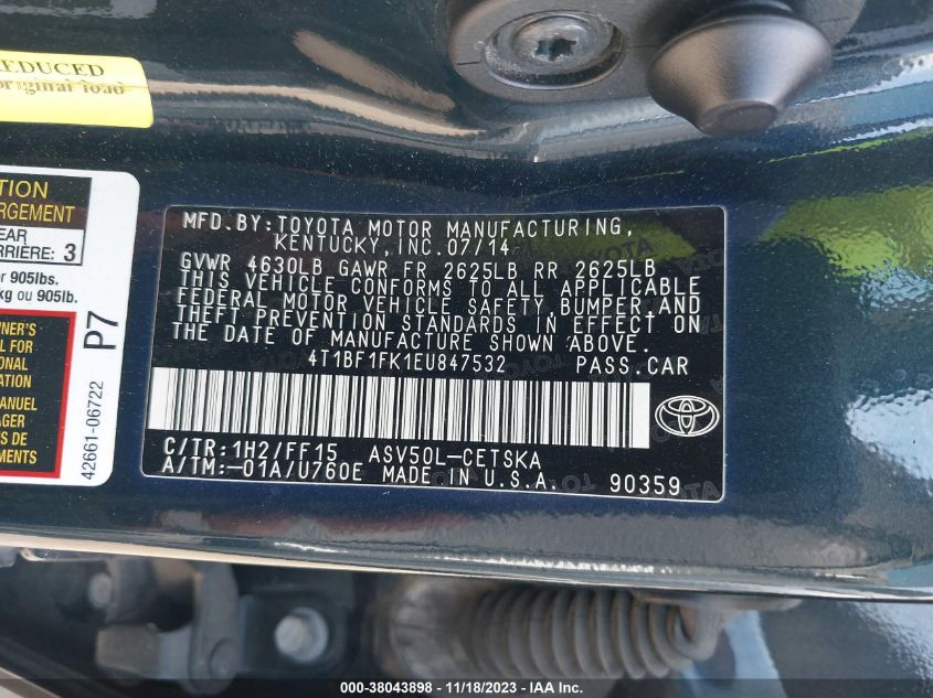 2014 TOYOTA CAMRY L/SE/LE/XLE - 4T1BF1FK1EU847532