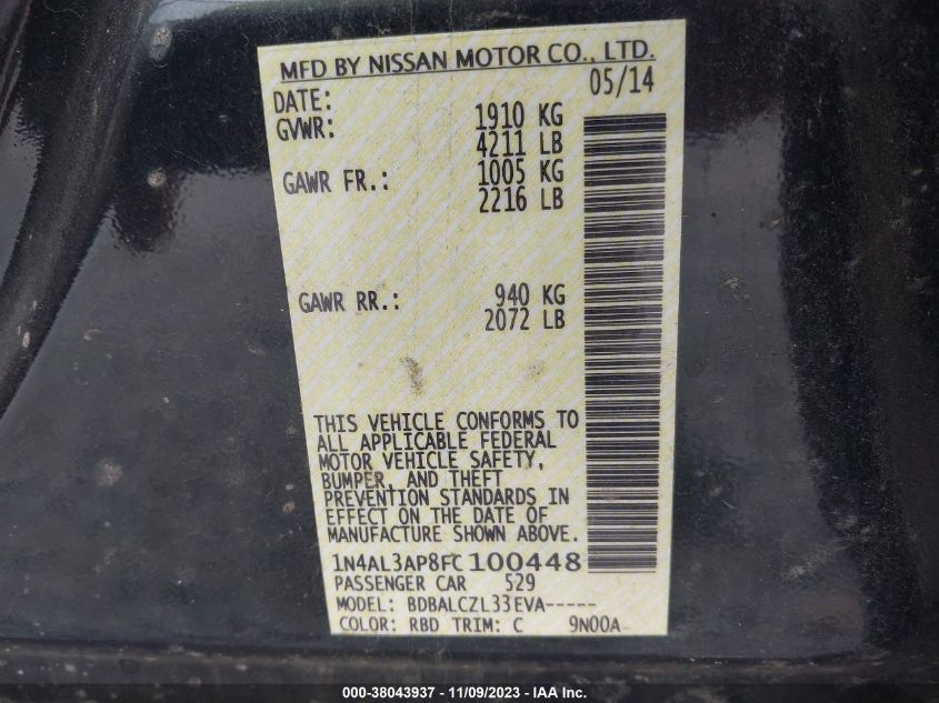 2015 NISSAN ALTIMA 2.5/2.5 S/2.5 SL/2.5 SV - 1N4AL3AP8FC100448