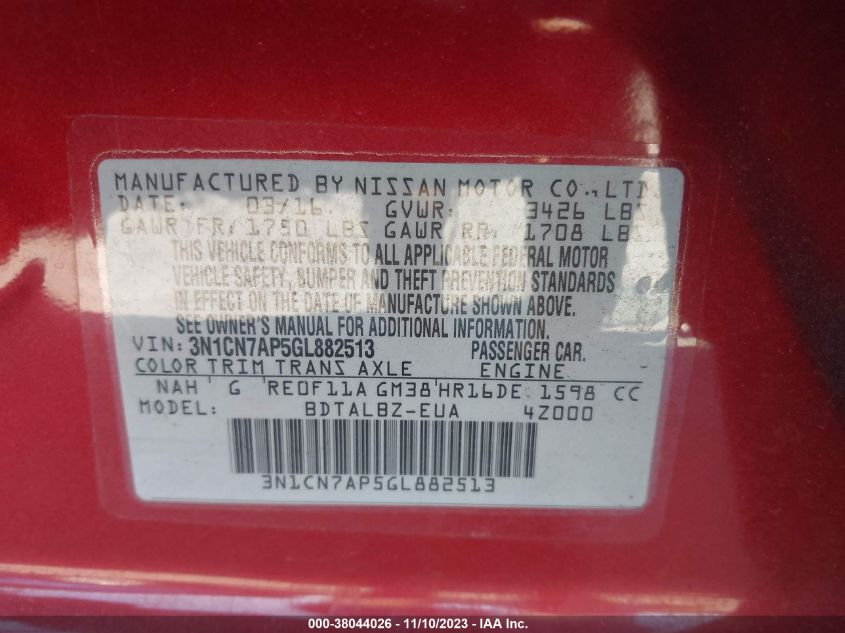 2016 NISSAN VERSA S/S PLUS/SV/SL - 3N1CN7AP5GL882513