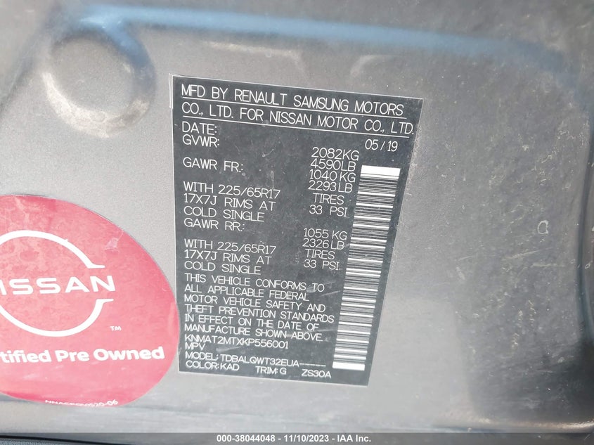 VIN KNMAT2MTXKP556001 2019 NISSAN ROGUE SV
