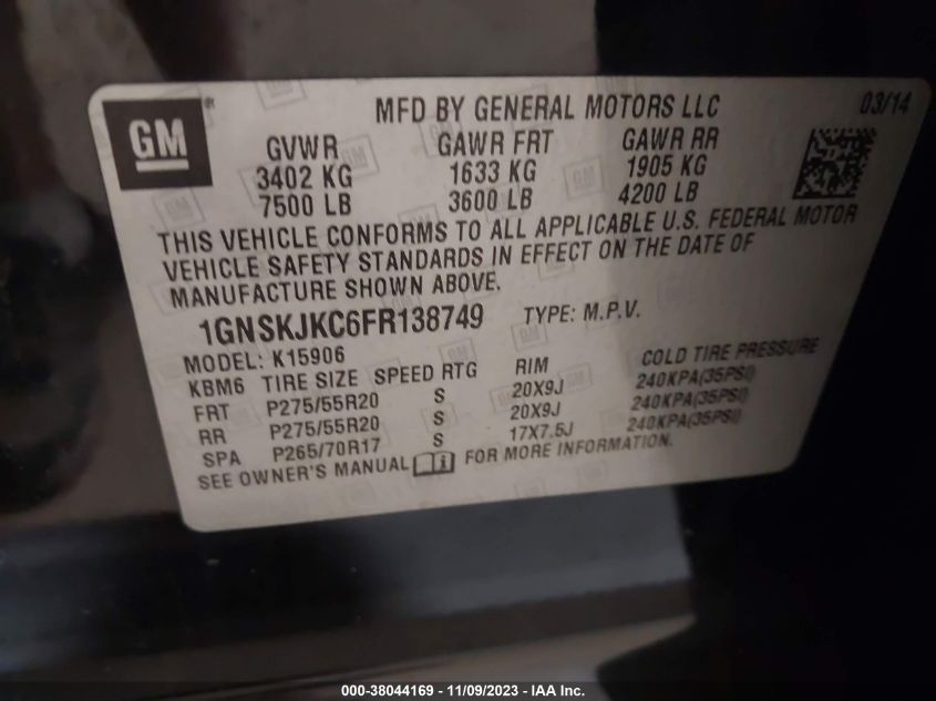 2015 CHEVROLET SUBURBAN 1500 LT 1GNSKJKC6FR138749