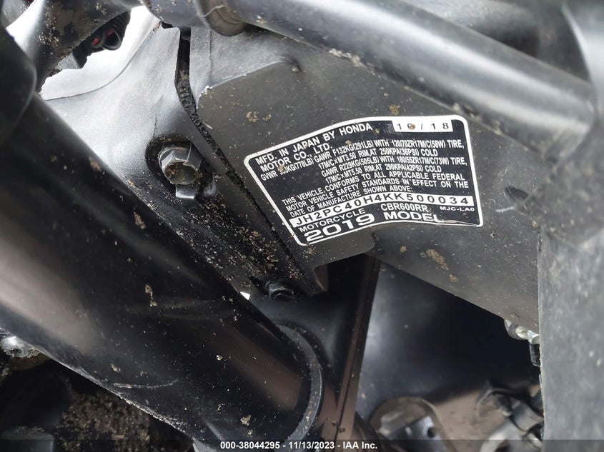 VIN JH2PC40H4KK500034 2019 HONDA CBR600 RA