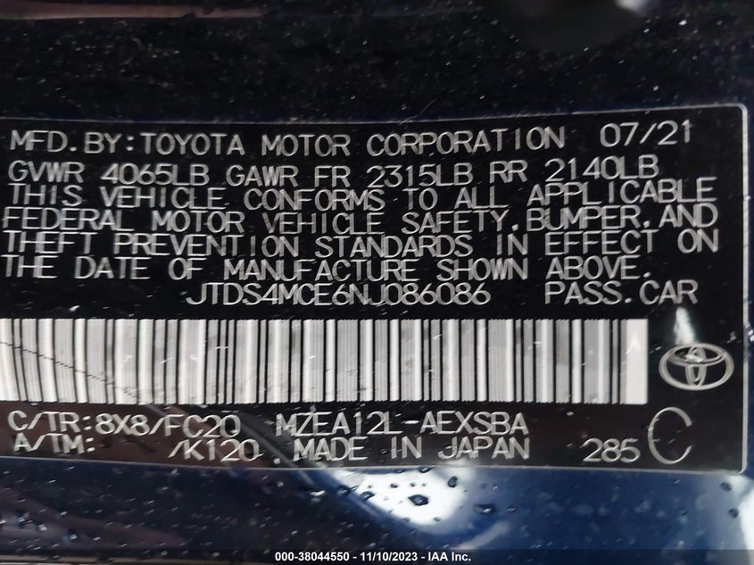 VIN JTDS4MCE6NJ086086 2022 TOYOTA COROLLA SE/NIGHT SHADE
