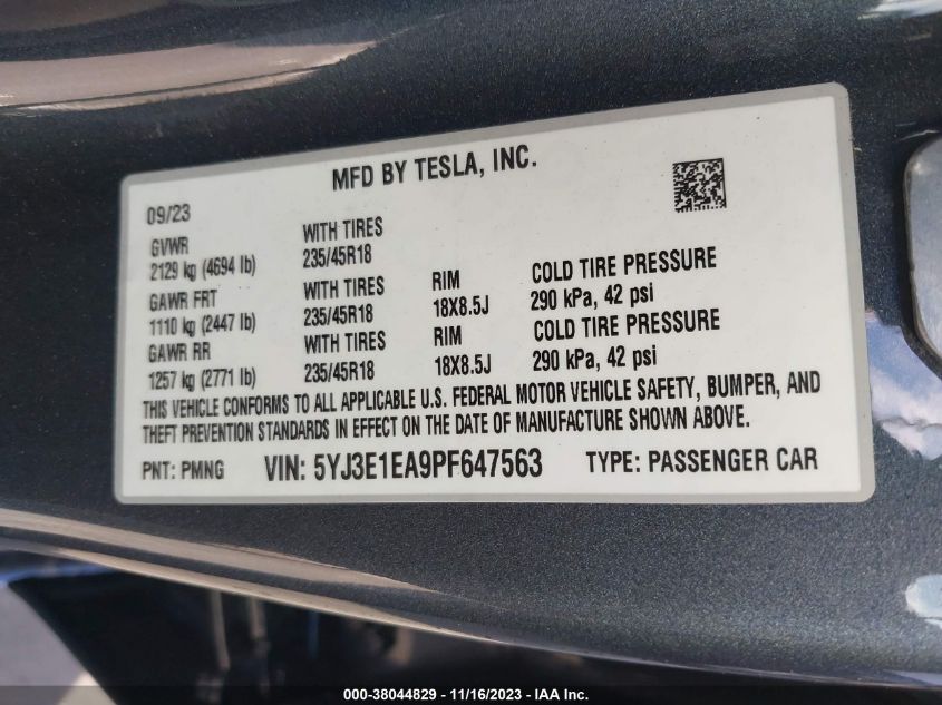 2023 TESLA MODEL 3 - 5YJ3E1EA9PF647563