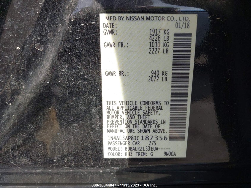 VIN 1N4AL3AP8JC187356 2018 NISSAN ALTIMA 2.5/S/SV/SL/SR