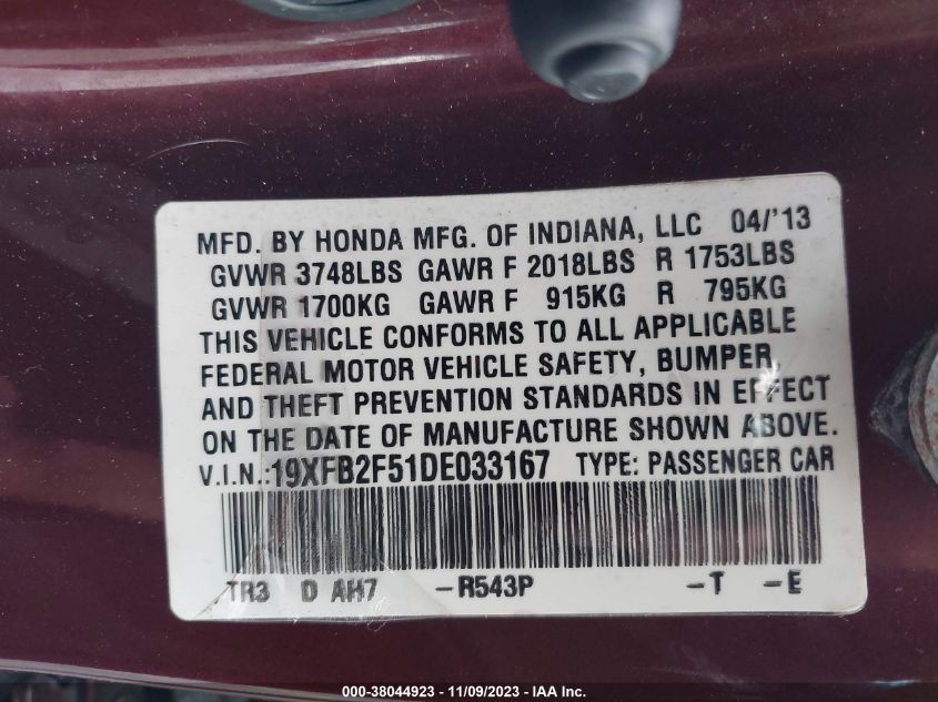 2013 HONDA CIVIC LX - 19XFB2F51DE033167