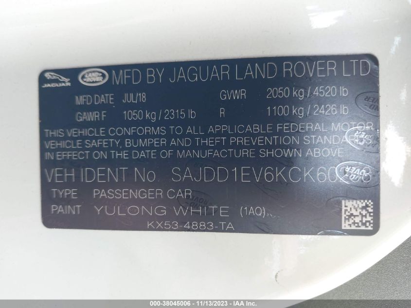 VIN SAJDD1EV6KCK60258 Jaguar F-Type P340 2019 9
