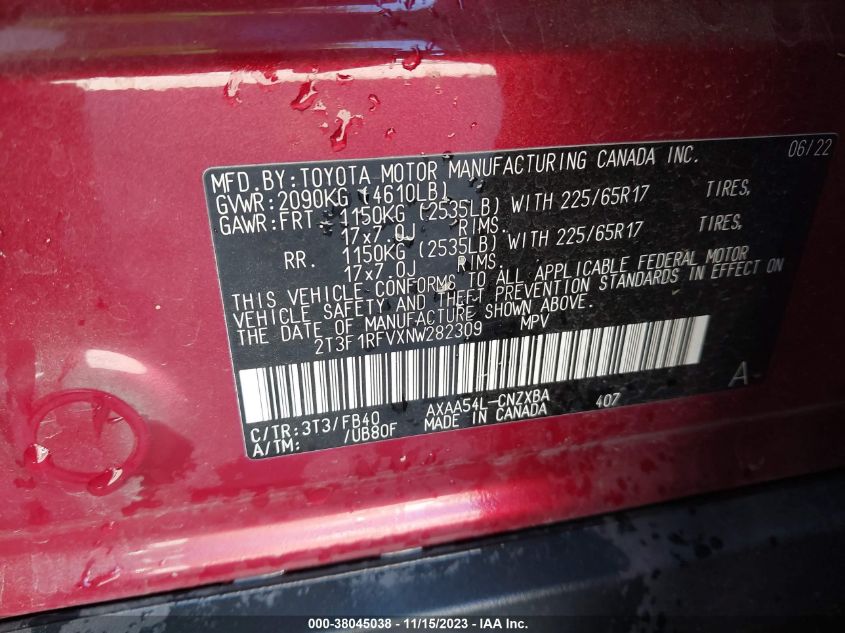 VIN 2T3F1RFVXNW282309 2022 TOYOTA RAV4 LE