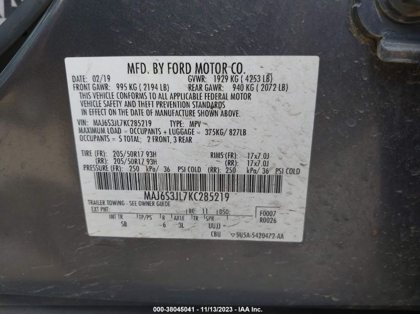 2019 FORD ECOSPORT SES - MAJ6S3JL7KC285219