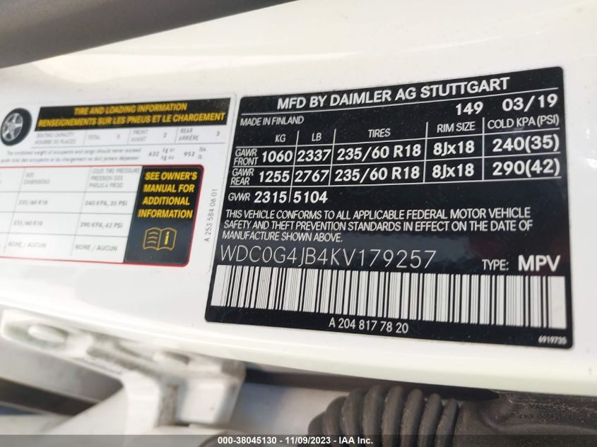 2019 MERCEDES-BENZ GLC GLC 300 WDC0G4JB4KV179257