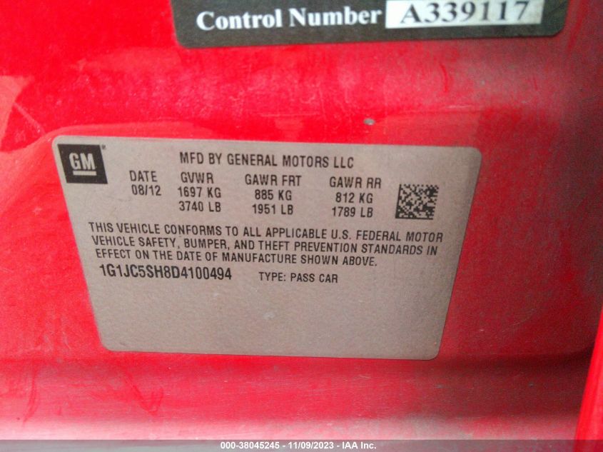 2013 CHEVROLET SONIC LT AUTO - 1G1JC5SH8D4100494