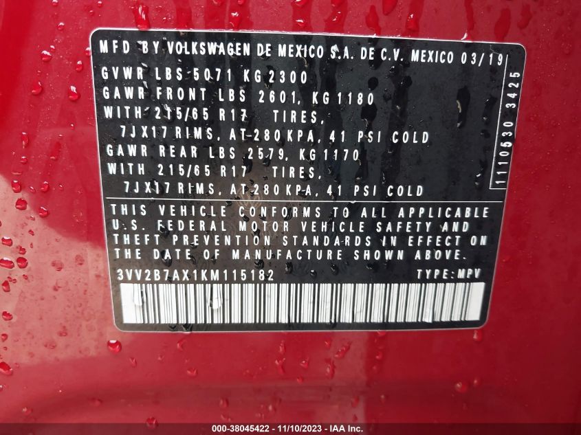 VIN 3VV2B7AX1KM115182 2019 VOLKSWAGEN TIGUAN SE/SEL/SEL R-LINE JET-BLA