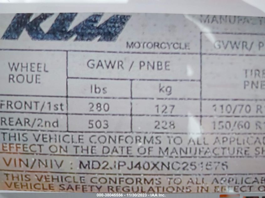2022 KTM 390 DUKE MD2JPJ40XNC251575