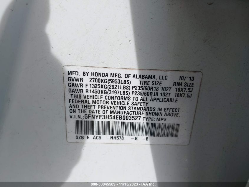 2014 HONDA PILOT EX-L - 5FNYF3H54EB003527