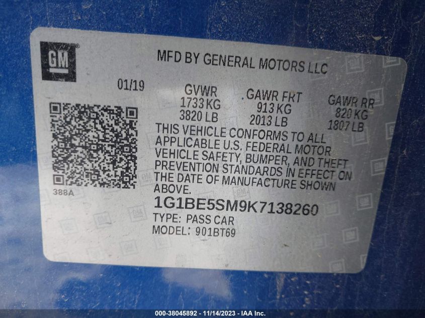 2019 CHEVROLET CRUZE LT - 1G1BE5SM9K7138260