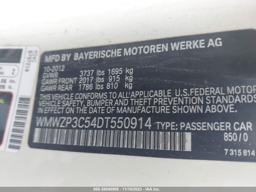 2013 MINI CONVERTIBLE COOPER S WMWZP3C54DT550914