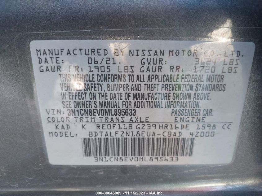 2021 NISSAN VERSA SV - 3N1CN8EV0ML895633