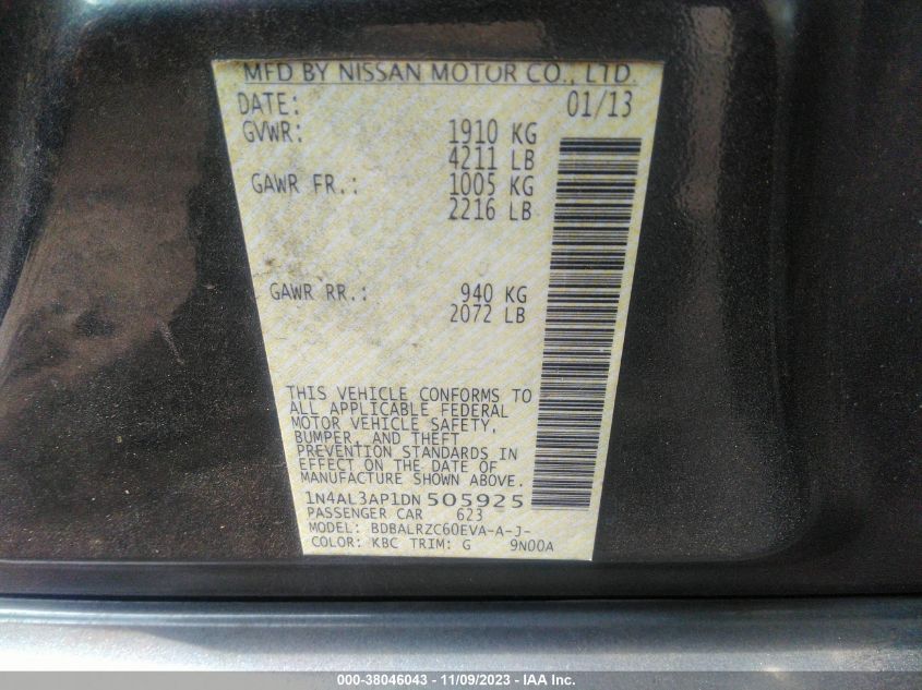2013 NISSAN ALTIMA 2.5/S/SV/SL - 1N4AL3AP1DN505925